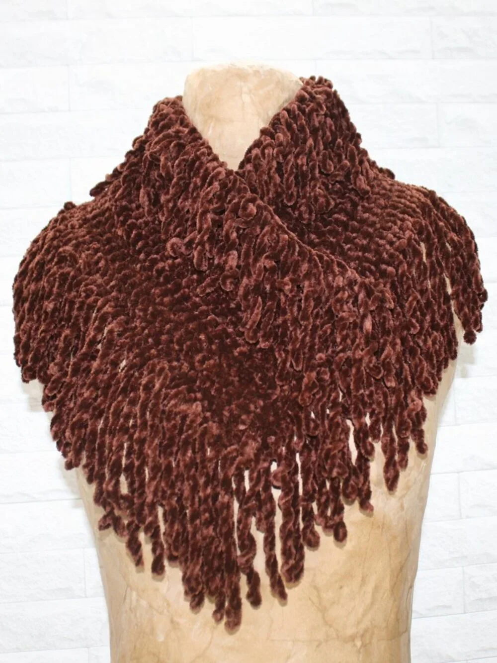 HAND CRAFTED Scarf Infinity Shawl Chenille Turtleneck Fringe Oversized Brown